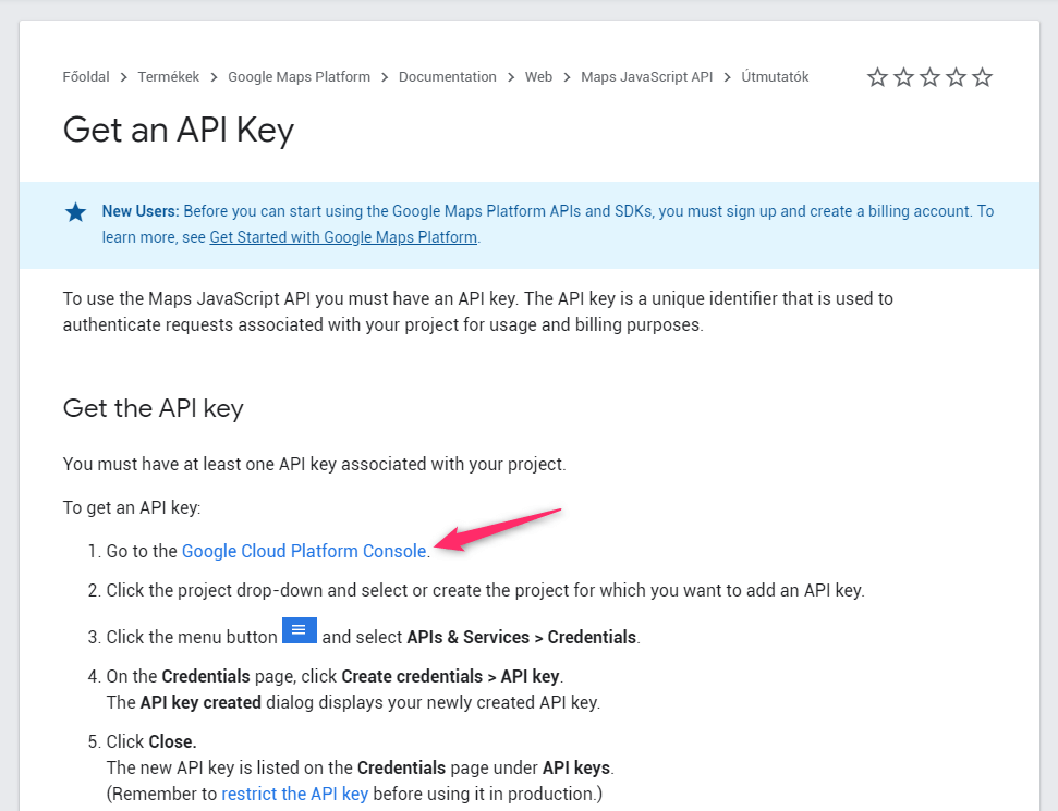 API-kulcs beszerzése 1. lépés